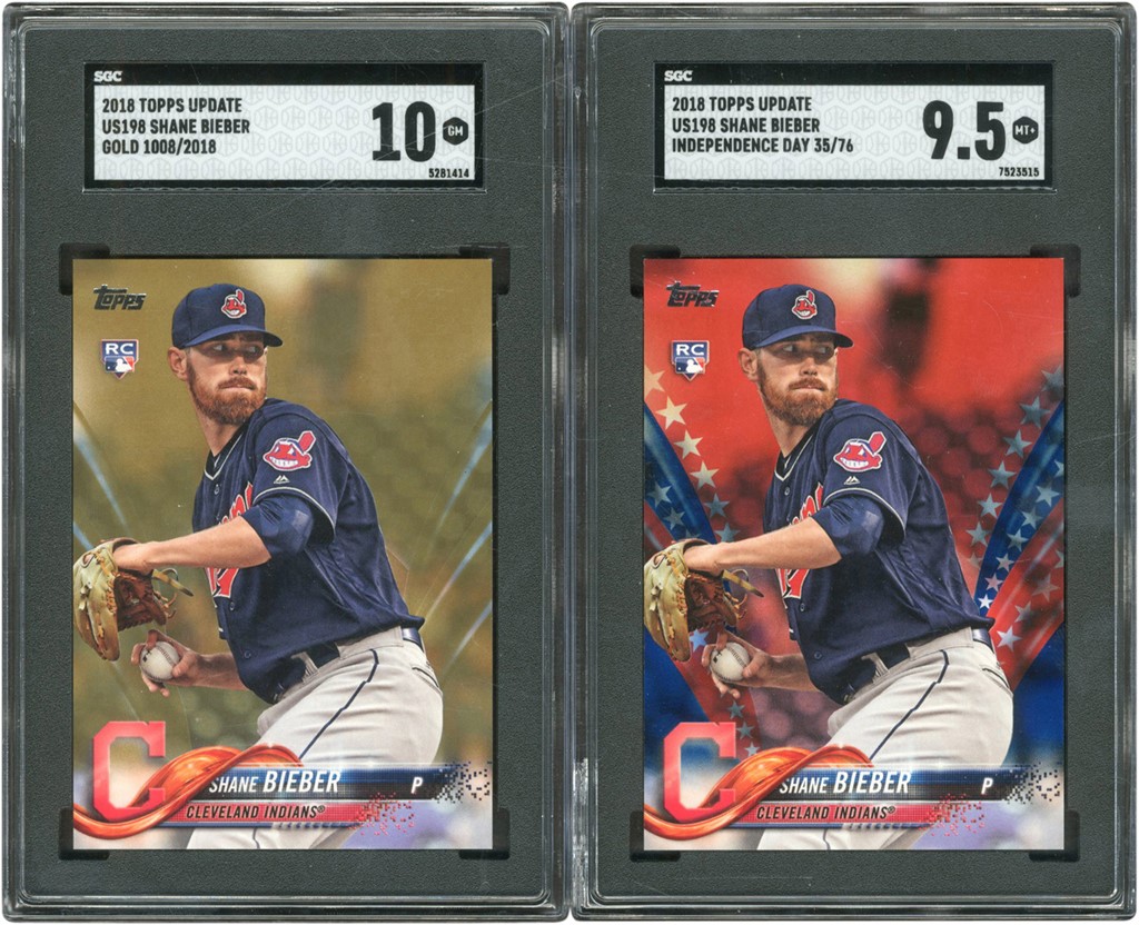 Modern Sports Cards - 2018 Topps Update Shane Bieber SGC 9.5 Independence Day /76 and SGC 10 Gold /2018
