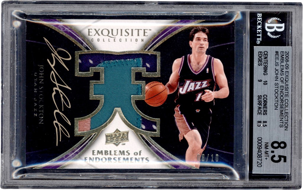 Modern Sports Cards - 2008-09 Exquisite Collection Emblems of Endorsement #EE-JS John Stockton Game Worn Patch Autograph 8/10 BGS NM-MT+ 8.5