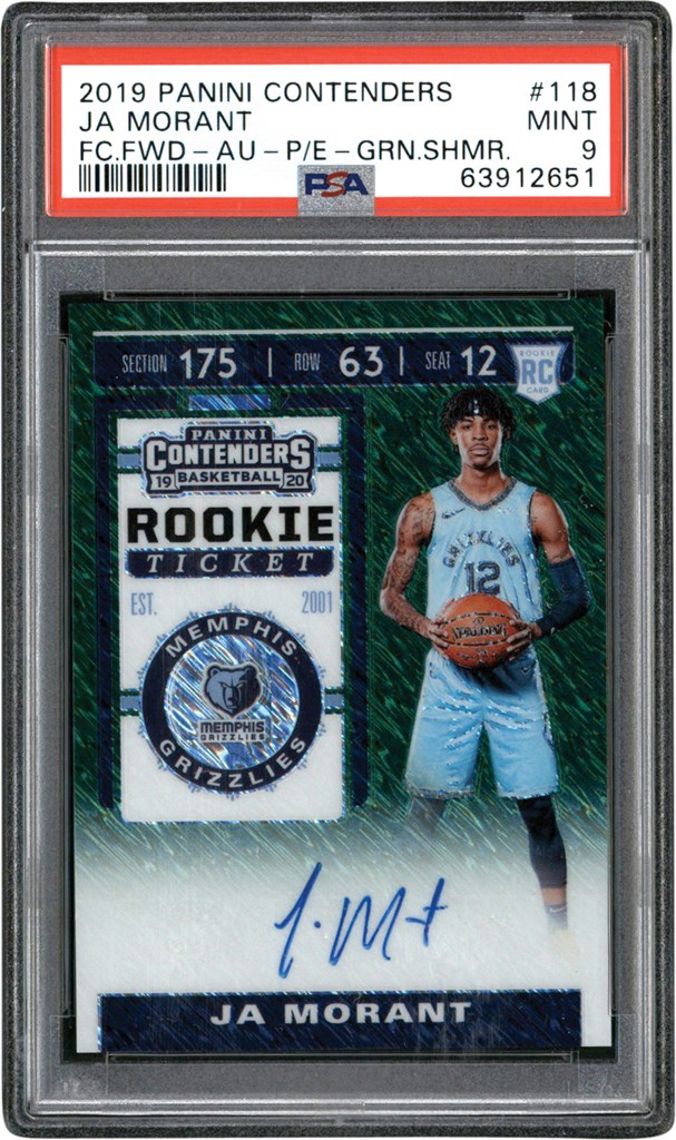 Modern Sports Cards - 019 Panini Contenders Basketball Green Shimmer SP Variation #118 Ja Morant Rookie Autograph Card  PSA MINT 9