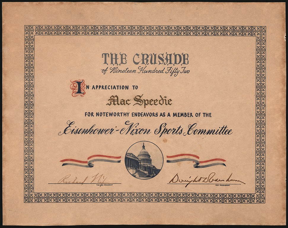 The Mac Speedie Football Collection - 1952 Mac Speedie Eisenhower-Nixon Sports Committee Award - Signed by Eisenhower & Nixon (PSA)