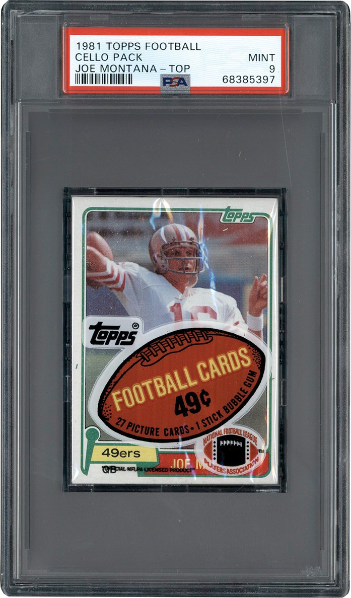 Unopened Boxes, Packs And Cases - 1981 Topps Football Cello Pack w/Joe Montana Rookie Card on Top PSA MINT 9 (Highest Graded)
