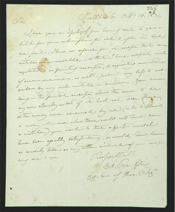 Historical - 1834 Edmond Ruffin ALS