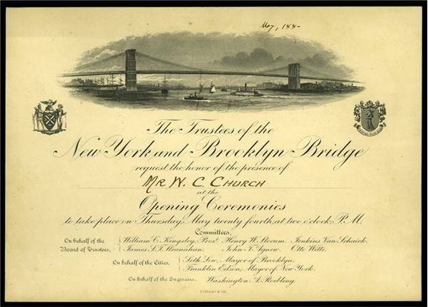 Historical - 1883 Brooklyn Bridge Opening Ceremonies Invitation (6.5”x9”)