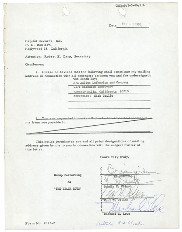 Rock Autographs - 1966 Beach Boys Signed Capitol Records Contract