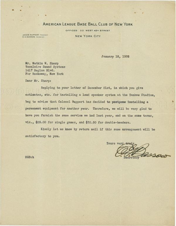 June 2005 Internet Auction - Ed Barrow 1938 Acknowledgement Letter with Proposals for Yankee Stadium Public Address