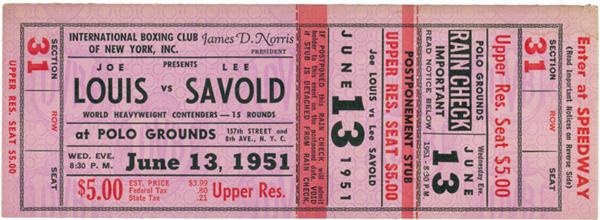 June 2005 Internet Auction - 1951 Joe Louis vs. Lee Savold Unused Ticket