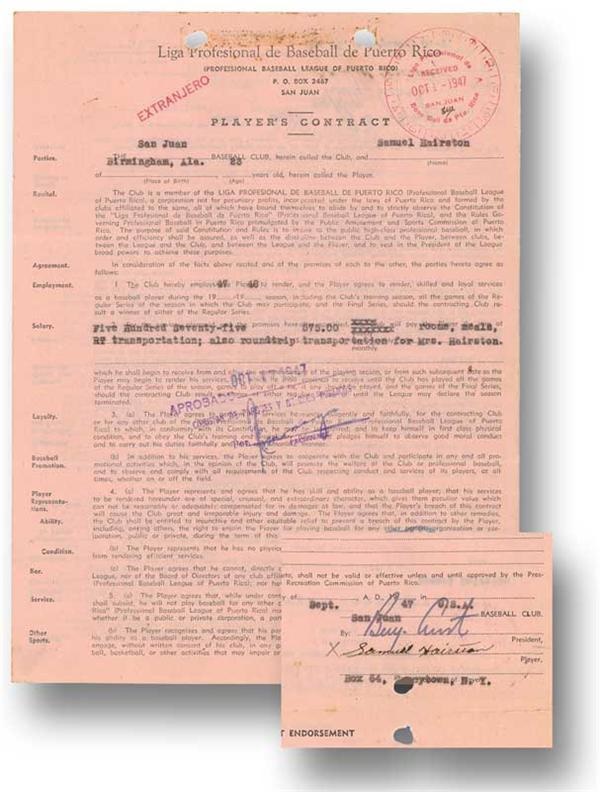 Autographs Baseball - 1947-48 Sam Hairston Negro League Signed Baseball Contract