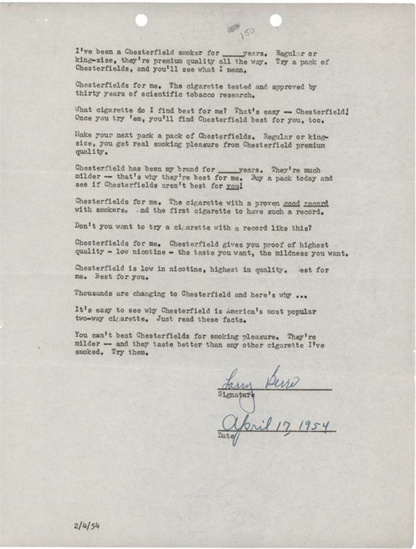 Autographs Baseball - 1954 Yogi Berra Chesterfield Cigarettes Signed Statement / Agreement