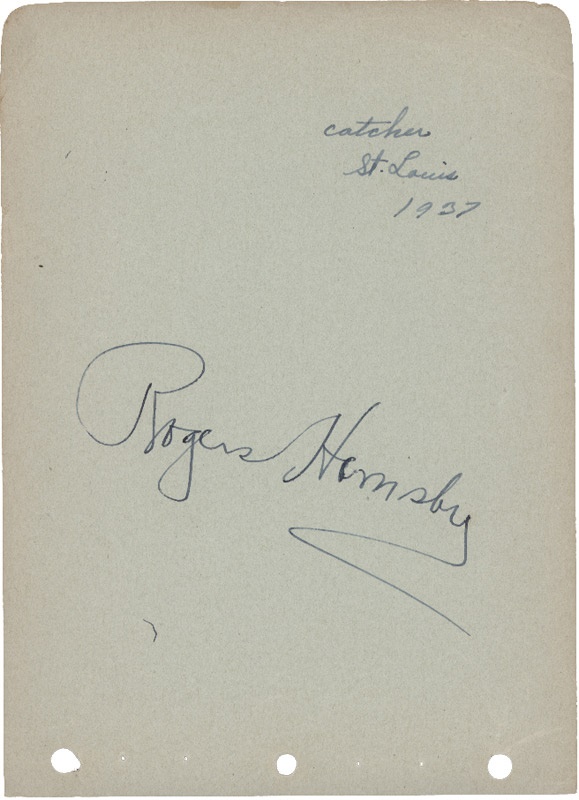 Autographs Baseball - Rogers Hornsby Signed Autograph Album Page