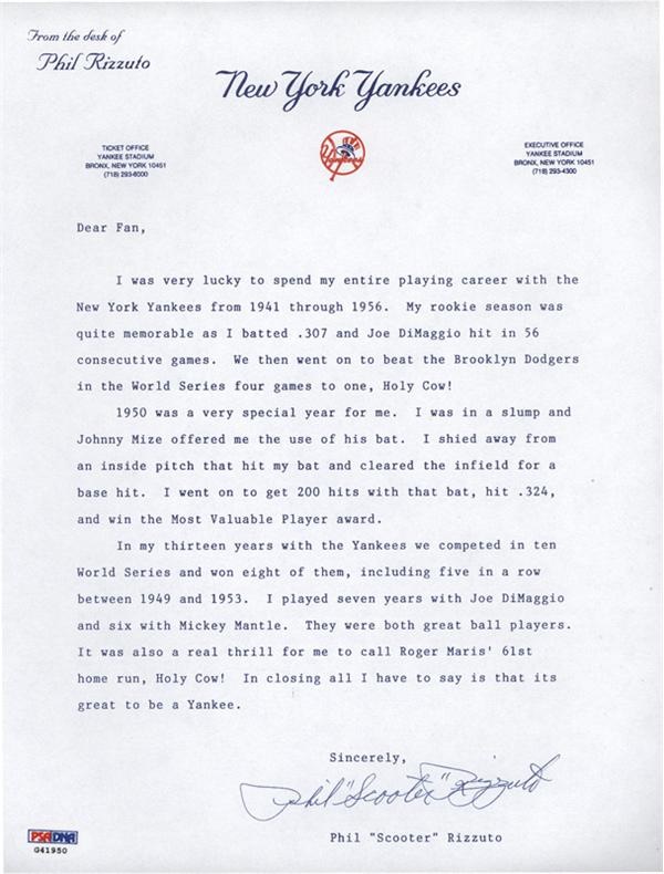 Autographs Baseball - Phil Rizzuto Signed Career Letter