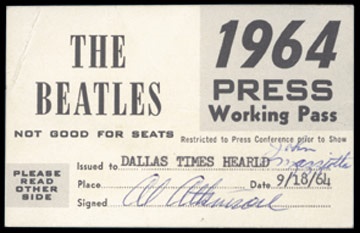 The Beatles - September 18, 1964 Press Credentials