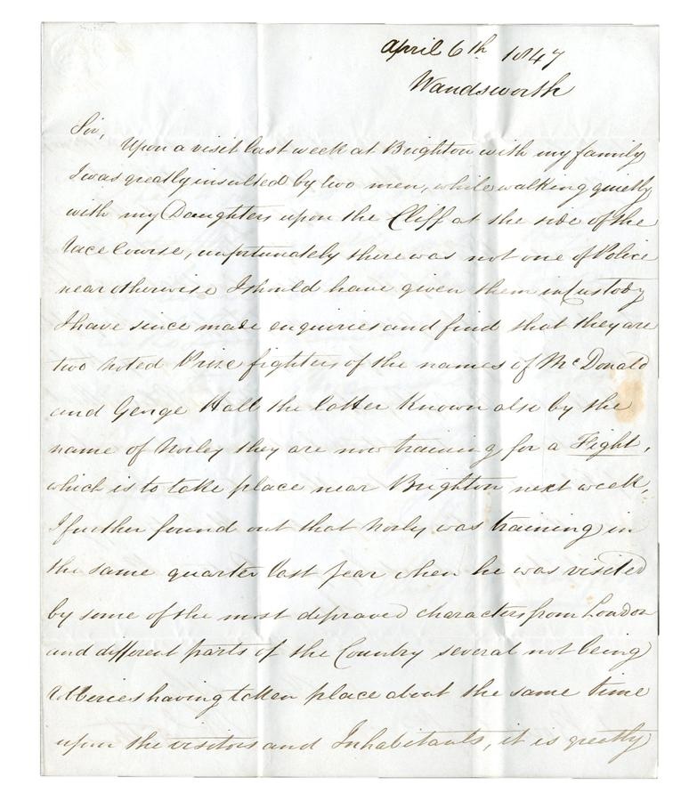 David Allen Boxing Collection - 1847 Boxing Letter r.e. McDonald v Hall Fight
