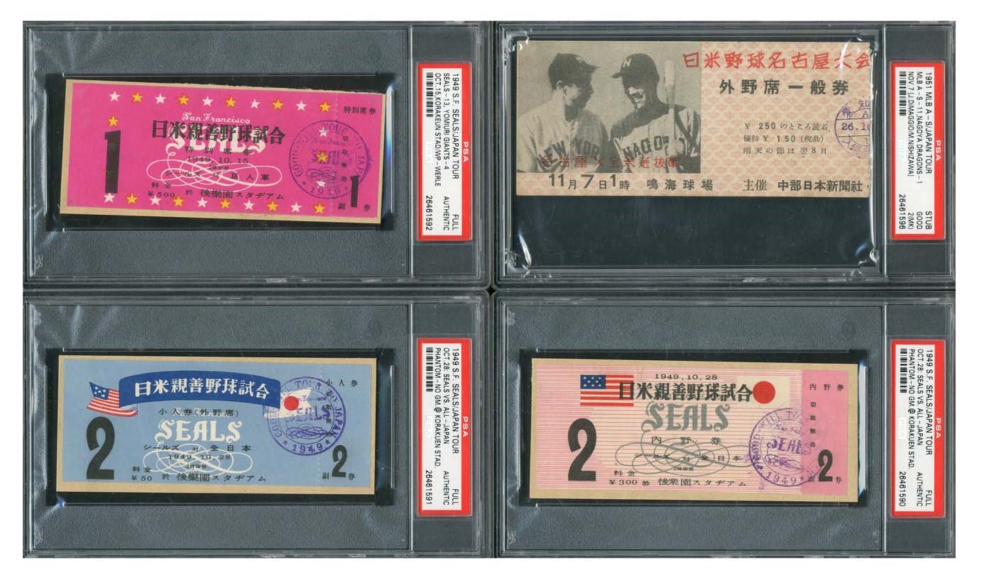Negro League, Latin, Japanese & International Base - 1949-51 Rare Japanese BB Tickets with Only Known 1951 NY Yankees Japan Tour Picturing Joe DiMaggio (PSA)