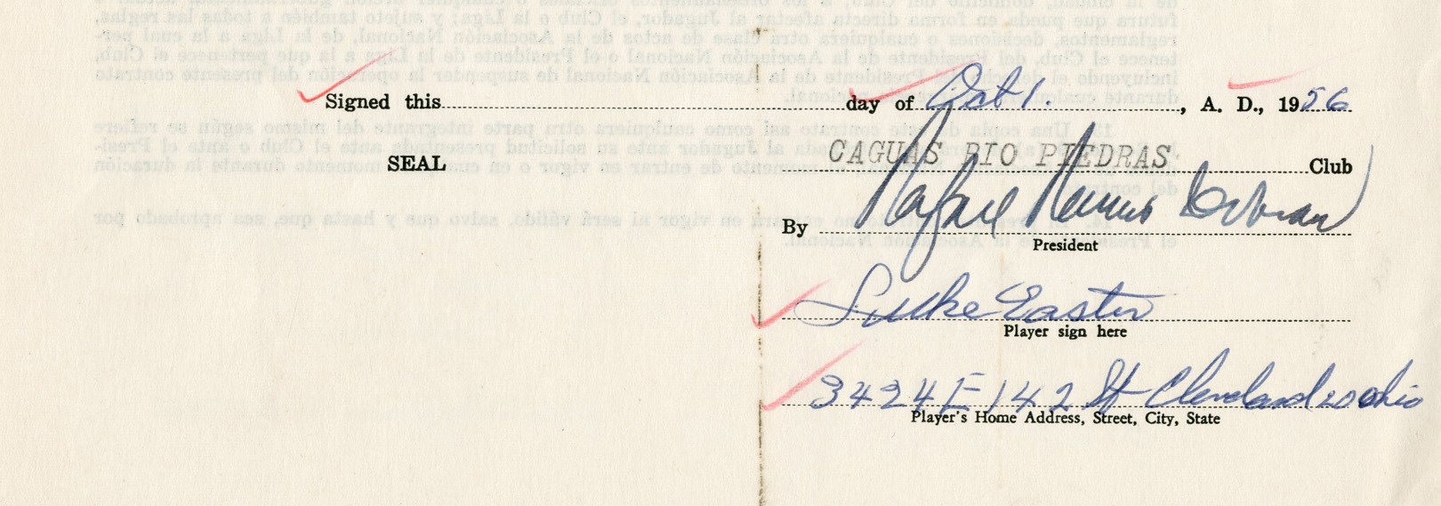 Negro League, Latin, Japanese & International Base - 1956-57 Luke Easter Signed Baseball Contract & Signed Letter