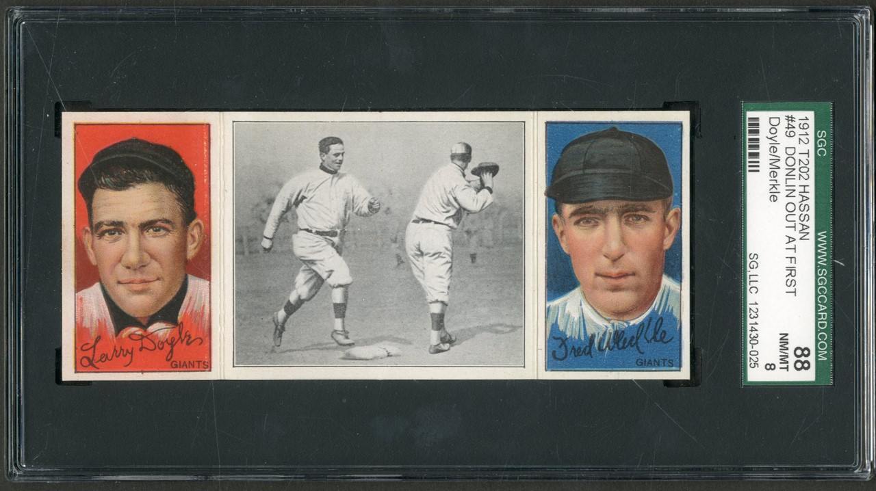 - 1912 T202 Hassan Triple Folder "Donlin Out at First" Doyle/Merkle Card - POP 1 Highest Graded SGC NM-MT 8
