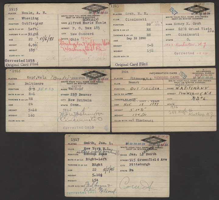 - 1919 World Champion Cincinnati Reds Heilbroner Baseball Bureau Cards (5)