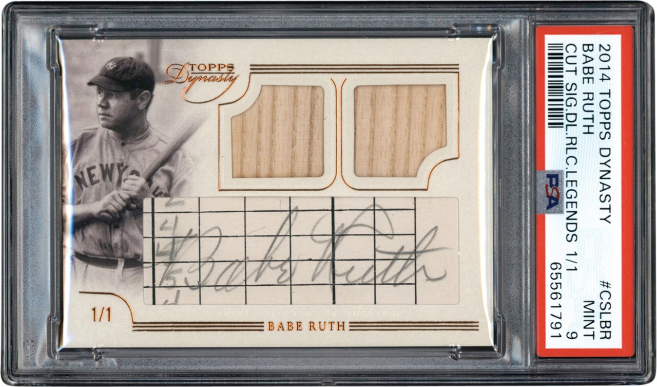 - 2014 Topps Dynasty Baseball Babe Ruth Cut Autograph Dual Bat Card #1/1 PSA MINT 9