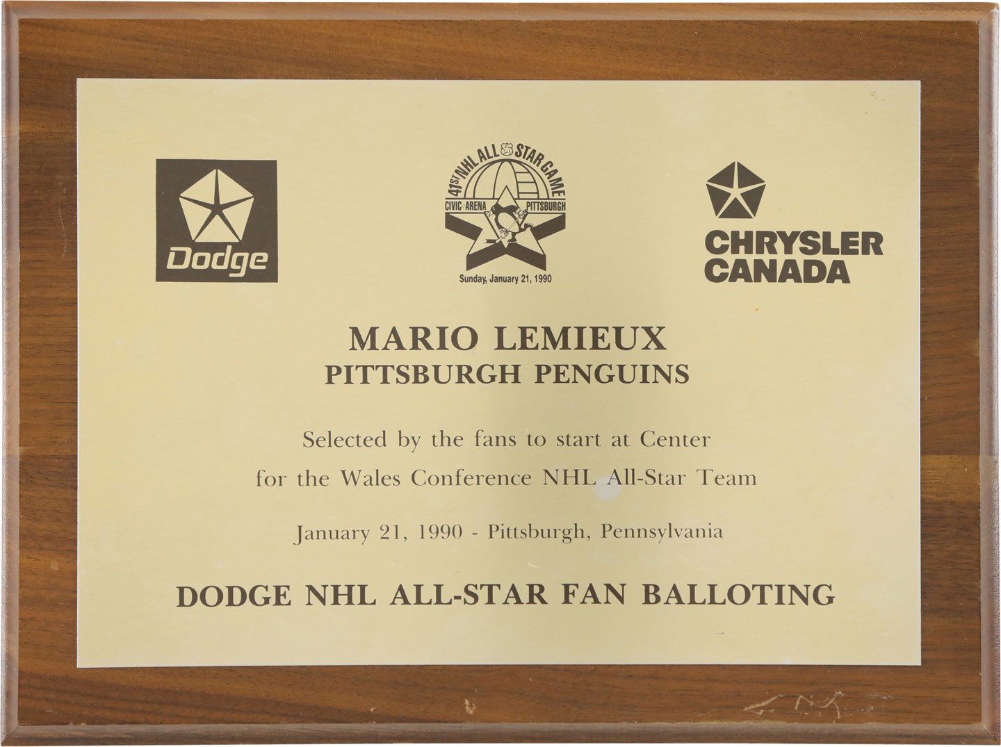 Hockey - 1990 Mario Lemieux NHL All Star Game Award Plaque