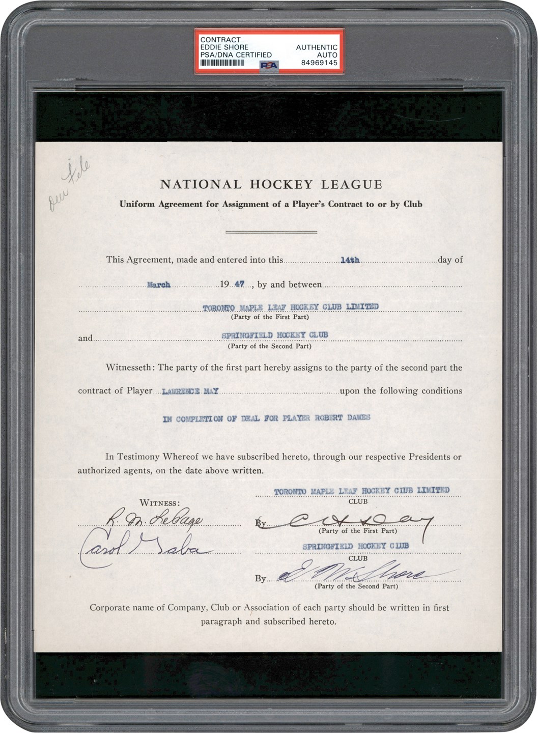 Hockey - 1947 Eddie Shore Signed Toronto Maple Leafs Trade Contract (PSA)