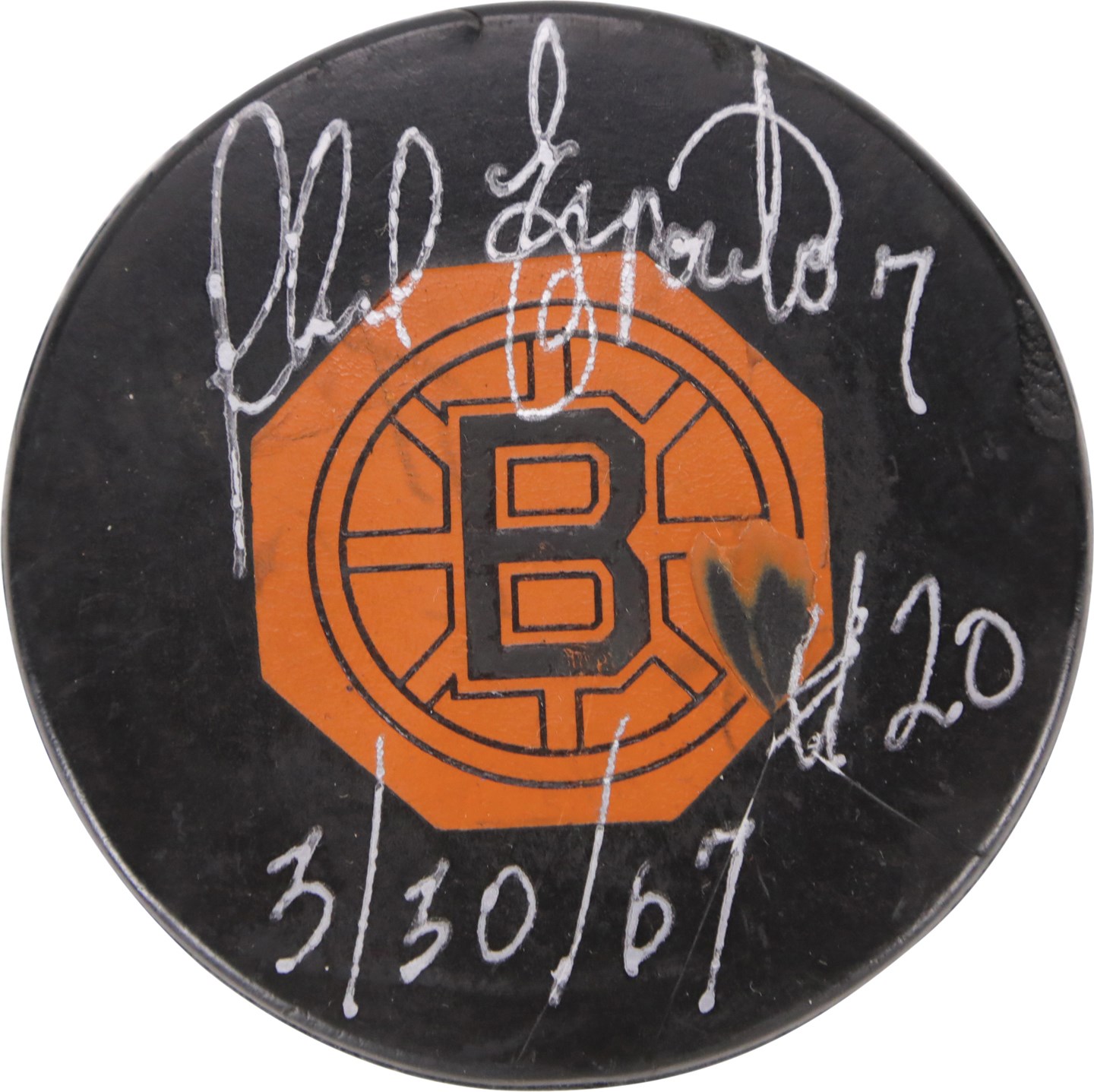 Hockey - 1966-67 Phil Esposito Signed 20th Goal of the Season Puck