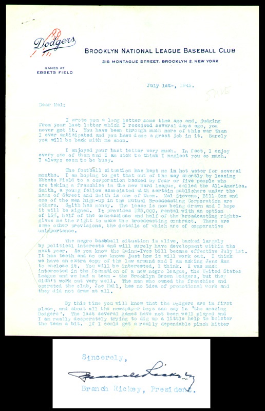 - Great Branch Rickey Signed Typed Letter with Negro League Content