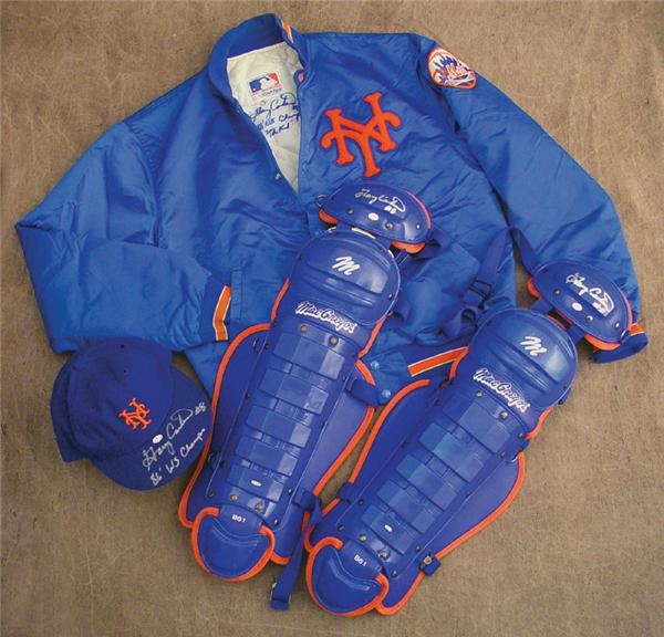 - Gary Carter Autographed Game Used Mets Jacket, Cap and Shin Guards