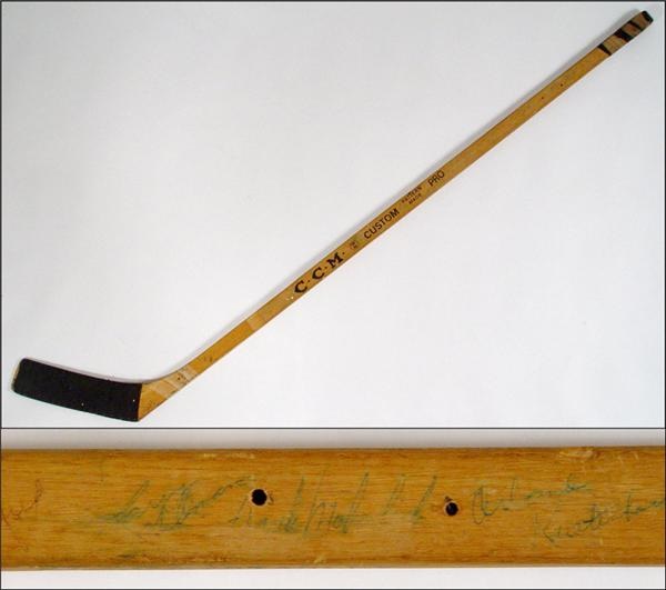 Hockey Autographs - Allan Stanley Game Used Stick Signed By The 1966-67 Stanley Cup Champions Toronto Maple Leafs w/Terry Sawchuk