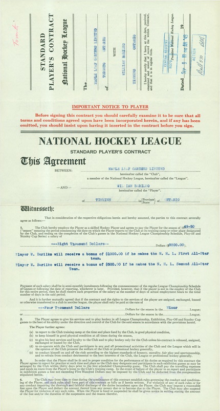 Hockey Autographs - 1949-50 Bill Barilko Contract with Toronto Maple Leafs