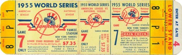 Jackie Robinson & Brooklyn Dodgers - 1955 World Series Game 7 Full Unused Ticket