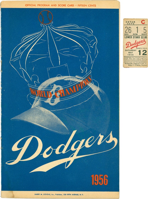 Jackie Robinson & Brooklyn Dodgers - 1956 Carl Erskine Signed No-Hitter Brooklyn Dodgers Program and Ticket Stub