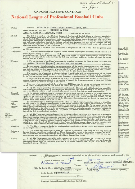 Jackie Robinson & Brooklyn Dodgers - 1955 Charlie Neal Signed Brooklyn Dodgers Contract