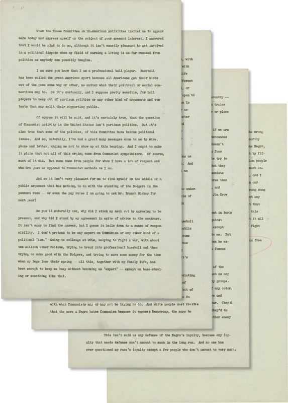 Jackie Robinson & Brooklyn Dodgers - Jackie Robinson&#39;s Address to the House on Un-American Activities Original Typewritten Copy