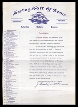 Hockey - 1947 Frank Nighbor Hockey Hall of Fame Induction Letter (14x8.5")