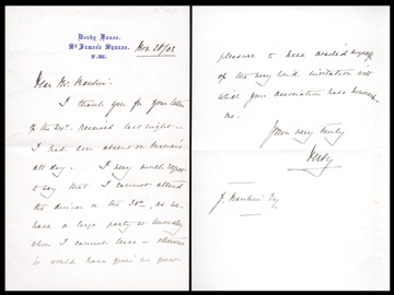 Hockey - 1903 Lord Stanley Handwritten Letter Signed "Derby"