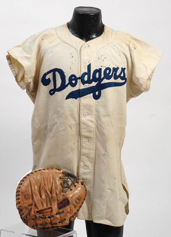 Jackie Robinson & Brooklyn Dodgers - Circa 1947 Bruce Edwards Game Worn Brooklyn Dodgers Jersey and Catcher's Mitt