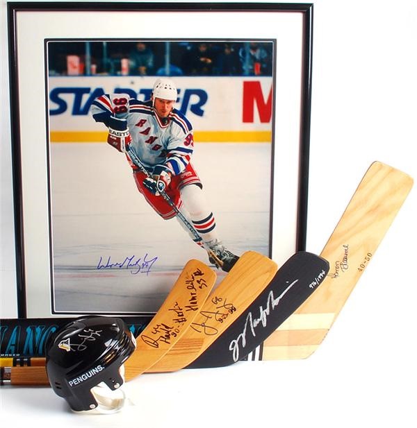 Hockey Autographs - Wayne Gretzky Signed 16x20,Signed Hockey Stick Collection of 4 and Signed Jagr Mini Helmet