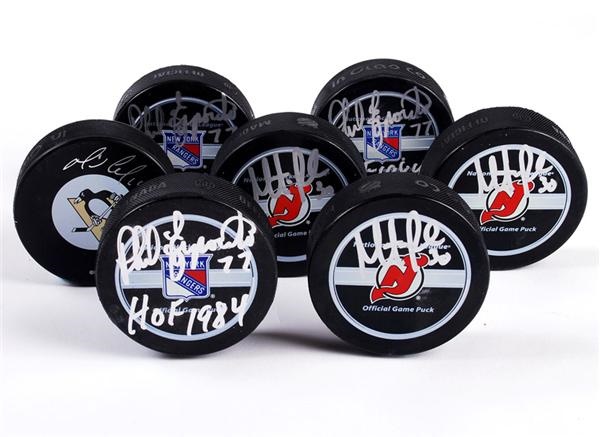 Hockey Autographs - Phil Esposito New York Rangers, Martin Brodeur New Jersey Devils and Mario Lemieux Pittsburgh Penguins Signed Pucks (7)