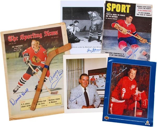 Hockey Autographs - Hockey Greats Autograph Collection w/ Vintage Signed Gordie Howe Mini-Stick, Richard, Hull, &amp; Beliveau (6)