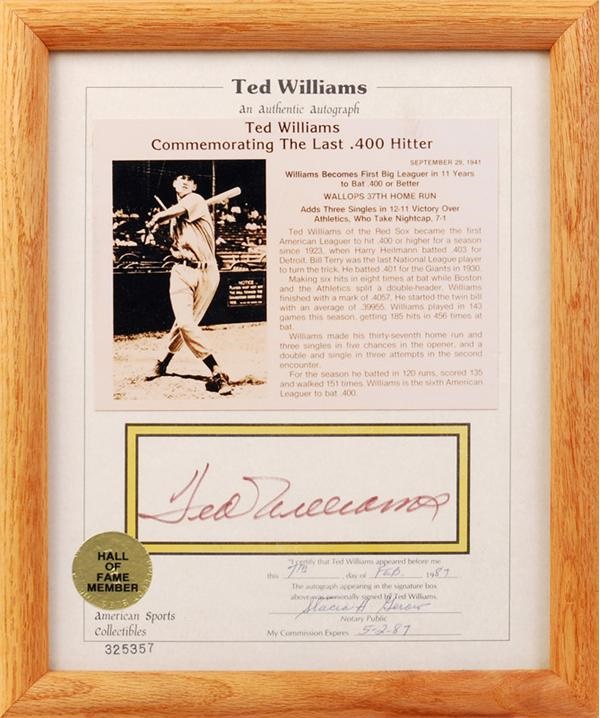 - Ted Williams Signed American Sports Collectibles Sheet