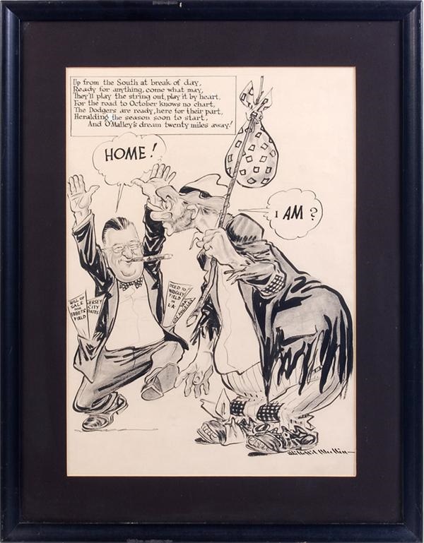 Jackie Robinson & Brooklyn Dodgers - Original Artwork of The Brooklyn Bum and Walter O’Malley by Willard Mullin (1957)