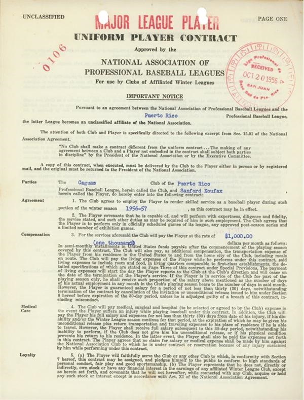 Jackie Robinson & Brooklyn Dodgers - Sandy Koufax Signed Puerto Rican League Contract (1956-57)