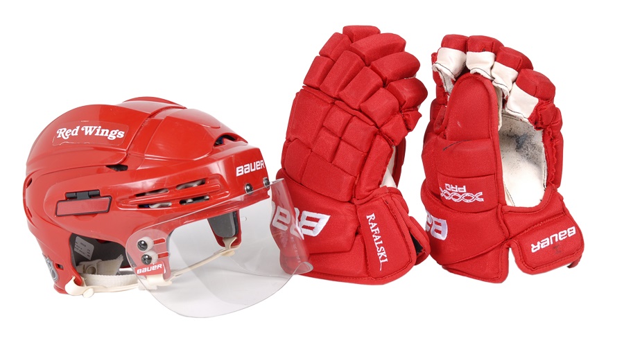 Hockey - Brian Rafalski Detroit Red Wings Game Worn Helmet and Gloves