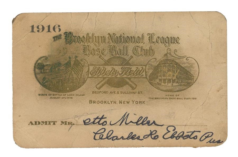 Jackie Robinson & Brooklyn Dodgers - 1916 Ebbets Field Pass Signed by Charles Ebbets