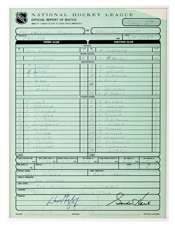 Hockey - Official Wayne Gretzky Scoresheet from Record-Breaking 1,851 Points Game