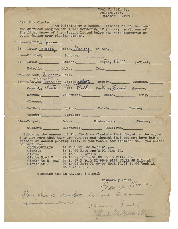 The George Brace Collection - Fred Clarke Stats Letter