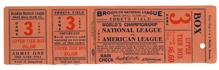 Jackie Robinson & Brooklyn Dodgers - 1930 Brooklyn Dodgers Phantom World Series Unused Ticket