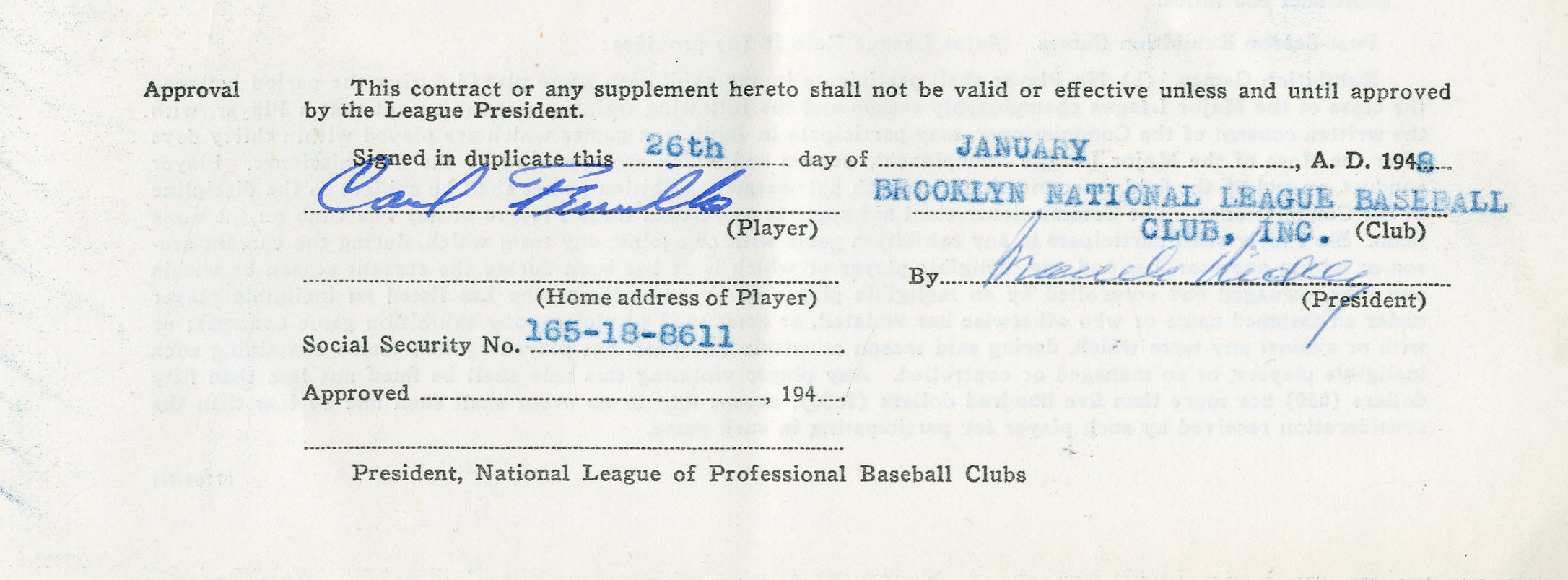 Jackie Robinson & Brooklyn Dodgers - 1948 Carl Furillo Brooklyn Dodgers Signed Contract