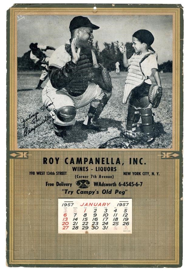 Jackie Robinson & Brooklyn Dodgers - 1957 Roy Campanella Calendar Advertising His Fateful Liquor Store - Only One Known!