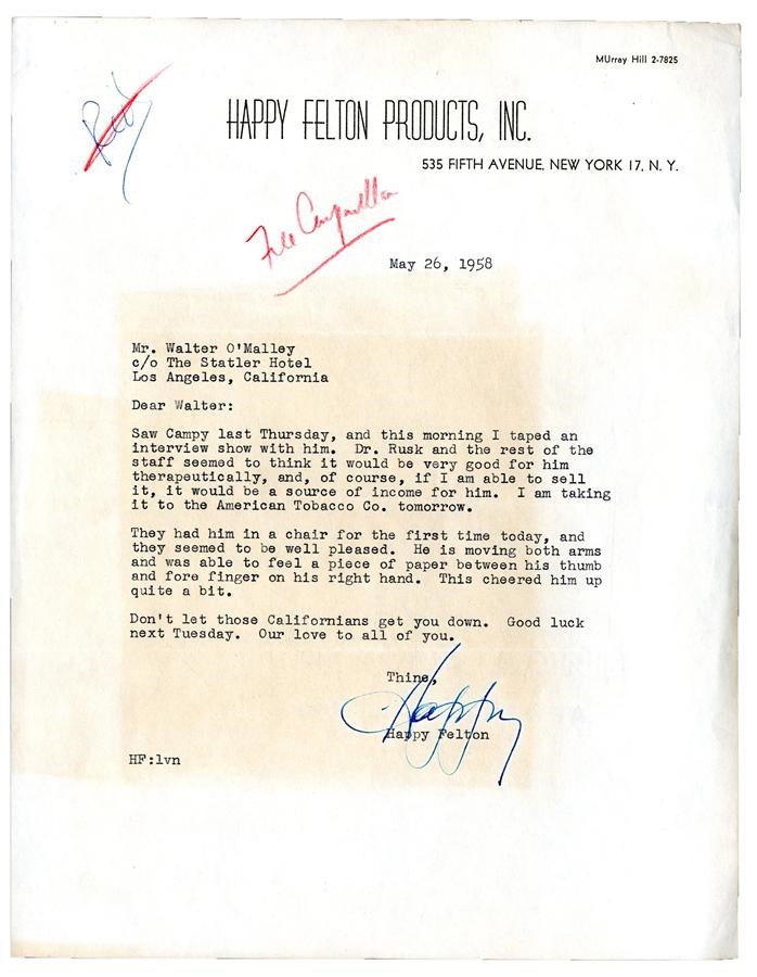 Jackie Robinson & Brooklyn Dodgers - 1958 Happy Felton Letter To Walter O'Malley r.e. Roy Campanella in Wheelchair & more (3)