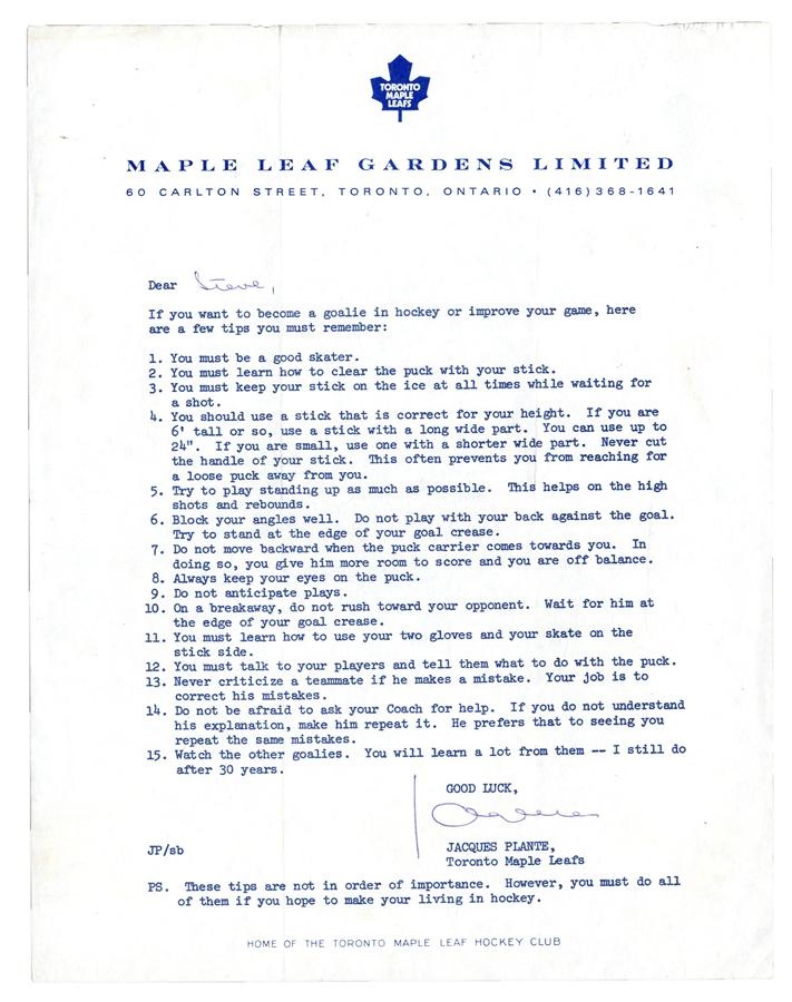 Hockey - 1960s Jacques Plante "Goalie Tips" Letter